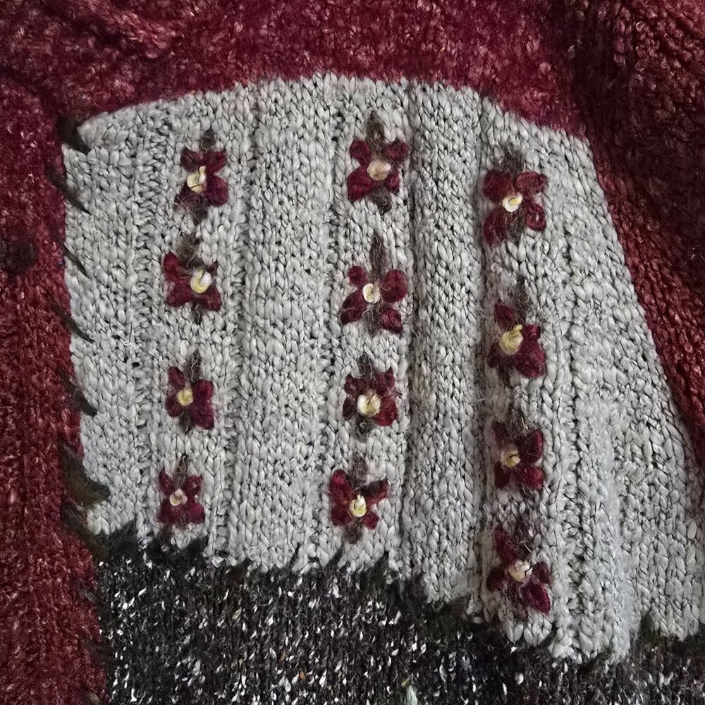 Vintage Croft & Barrow Maroon Knit Sweater Chunky Fall Floral Large Cozy Acrylic - Picture 3 of 10
